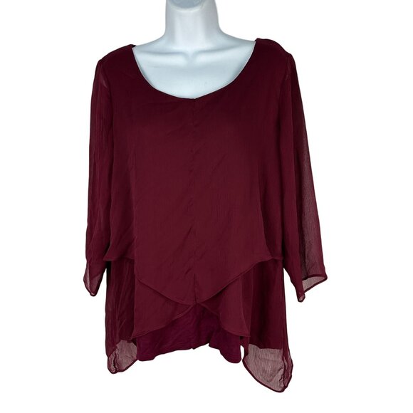 Dana Buchman Womens Size Large Blouse Burgundy Layered Sheer 3/4 Sleeve Top - Picture 1 of 9